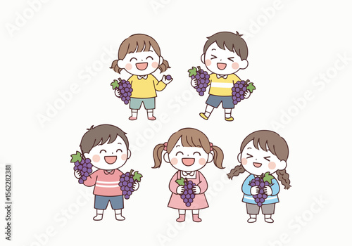 Cute Handdrawn Kids Holding Grapes Fruit Illustration Art