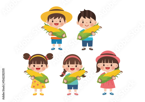 Flat Style Illustration Little Kid Holding Ripe Corn Harvest Season