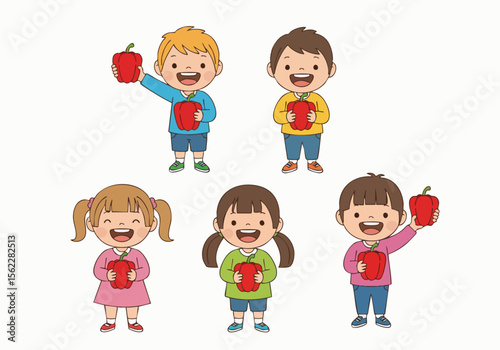 Colorful Handdrawn Happy Children Holding Apple Fruit Character Illustration