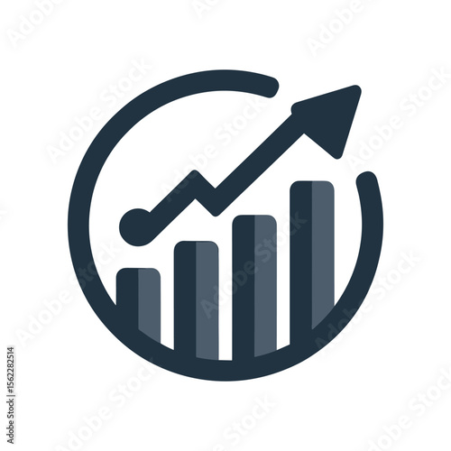 Graphical representation of growth trends with upward arrows and bar charts in a circular frame