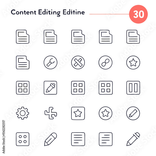 Collection of thirty content editing outline icons including file edit settings and other related symbols