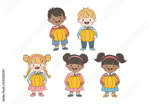 Cute Handdrawn Diverse Children Holding Pumpkins for Halloween or Thanksgiving Illustration