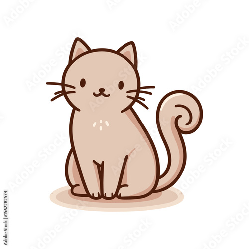 Cute cartoon cat sitting happily with a curled tail on a light background, ideal for pet lovers