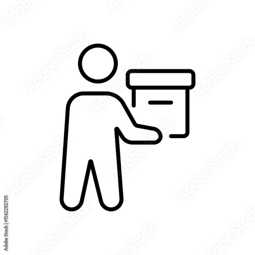 Person carrying a box package iconography illustration. Simple outline person activity icon.