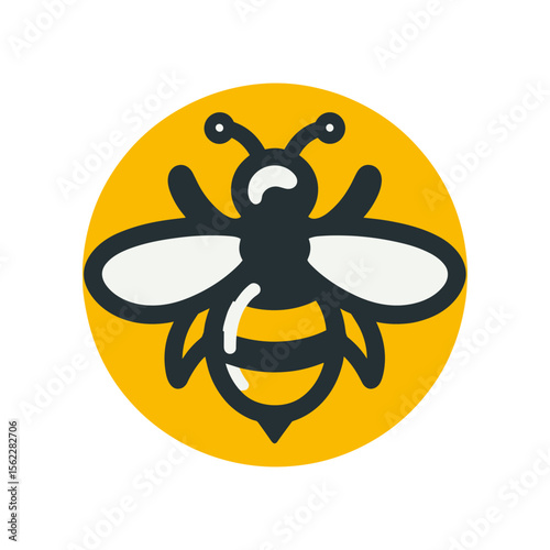 A stylized illustration of a bee on a bright yellow background, symbolizing nature and pollination