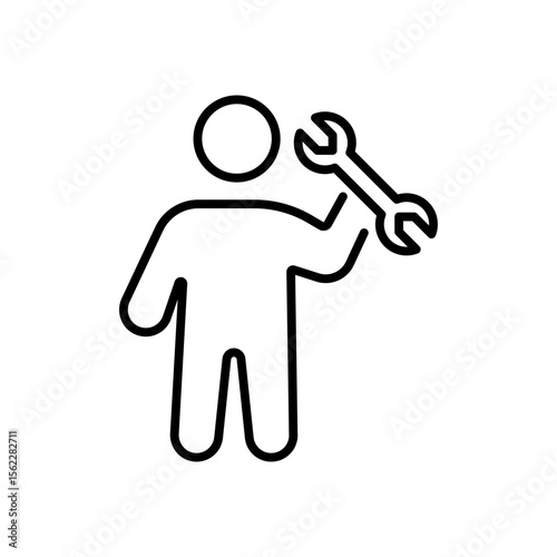 Person holding a wrench iconography illustration. Simple outline person activity icon.