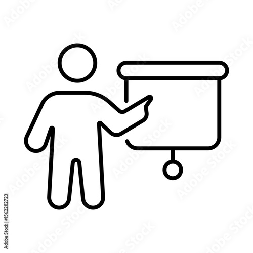 Person pointing at blank canvas iconography illustration. Simple outline person activity icon.