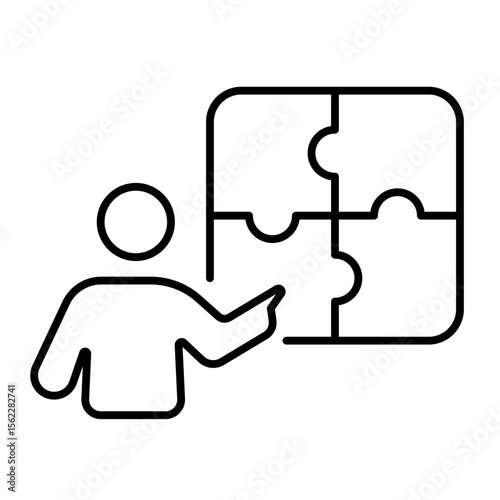 Person pointing at puzzle iconography illustration. Simple outline person activity icon.
