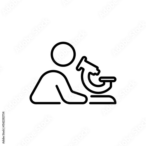 Scientist research checking microscope iconography illustration. Simple outline person activity icon.