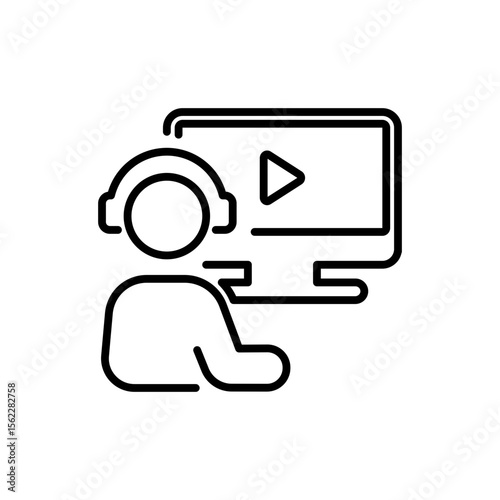 Watching video iconography illustration. Simple outline person activity icon.