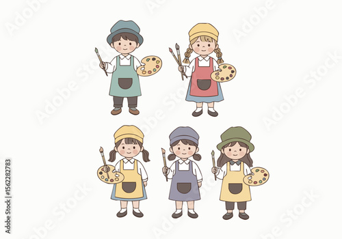 Cute Handdrawn Child Painter Artist with Brush and Palette Illustration Set