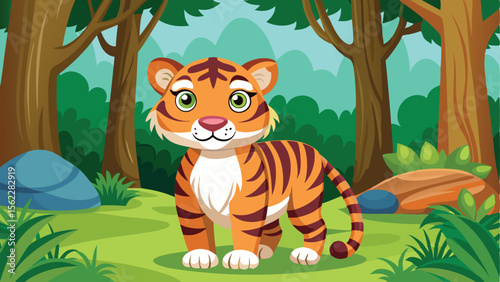Cartoon Tiger Cub Standing in a Green Forest Glade, Mountain Background Visible
