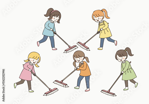 Cute Handdrawn Children Cleaning with Broom Illustration in Playful Style