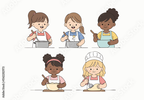Cute Handdrawn Variety Little Girl Baking Cooking Activity Illustration