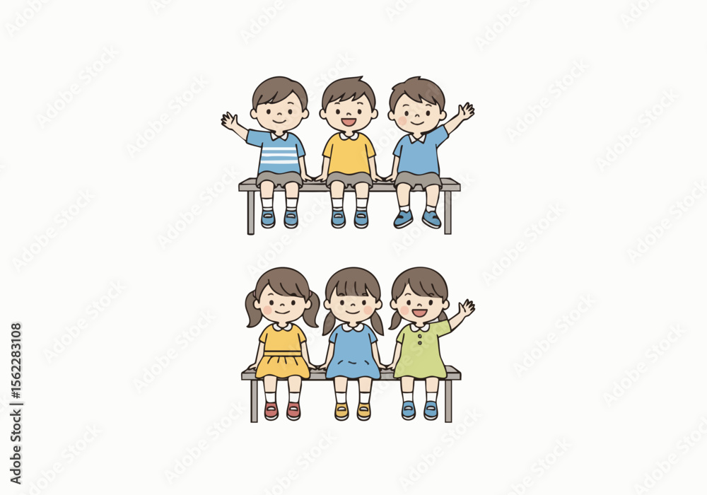 Flat Handdrawn Children Sitting on Bench Smiling Happy Illustration Flat Handdrawn Children Sitting on Bench Smiling Happy Illustration
