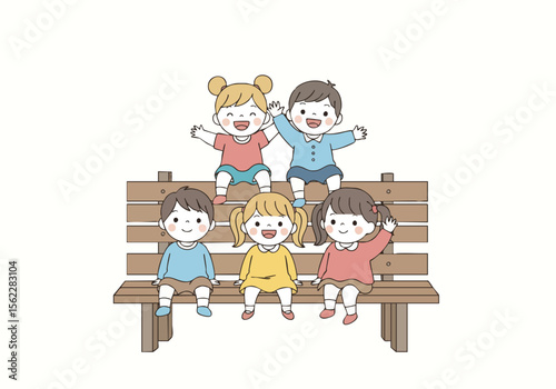 Cute Handdrawn Group of Children Sitting Together on a Bench Illustration