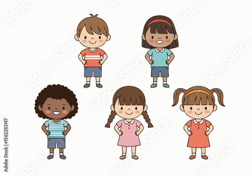 Cute Handdrawn Diverse Group of Children Standing Illustration