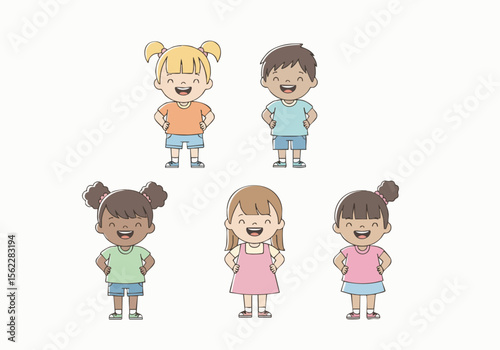Cute Cartoon Style Group of Smiling Children Standing Together Illustration