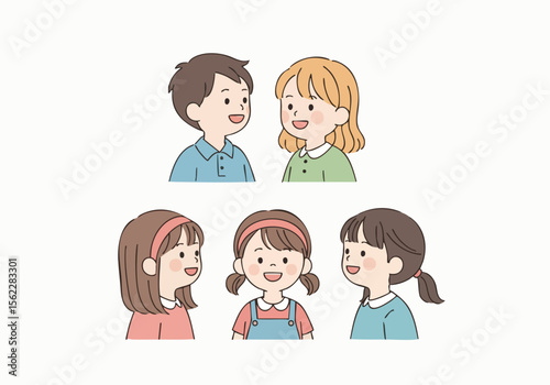 Cute Handdrawn Diverse Children Portrait Illustration Group of Youngsters