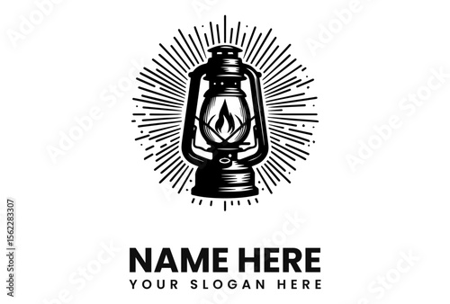 Vintage kerosene lantern logo design, radiating light, black and white illustration.