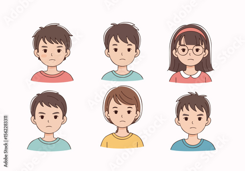 Simple Handdrawn Various Sad Face Expressions of Children Set Illustration