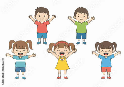 Cartoon Cheerful Children Raising Arms Illustration for Educational Resources