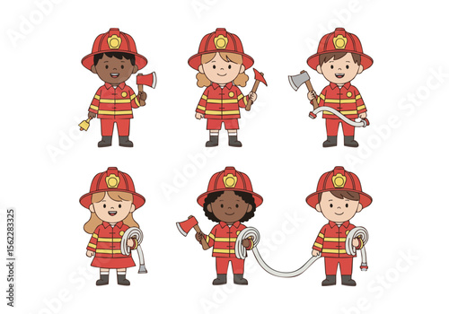 Cute Handdrawn Firefighter Character Illustration Set for Children