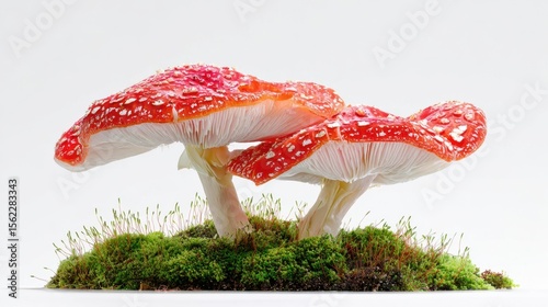 The vibrant red mushrooms growing gracefully on a bed of lush green moss. photo