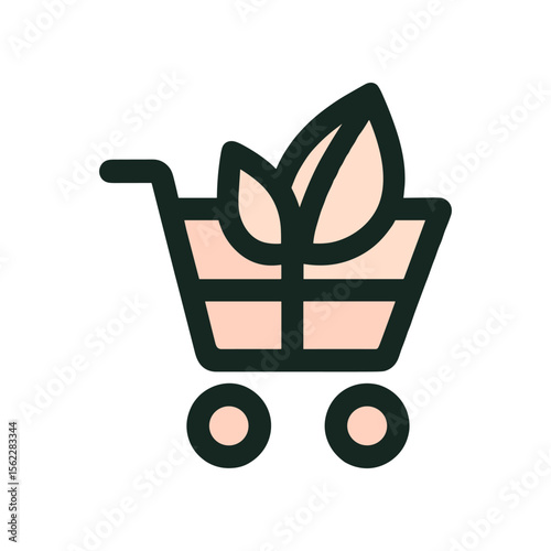 Simple illustration of a shopping cart with leaves representing eco-friendly shopping