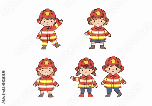 Cute Cartoon Child Firefighter Character Set Illustration in Various Poses