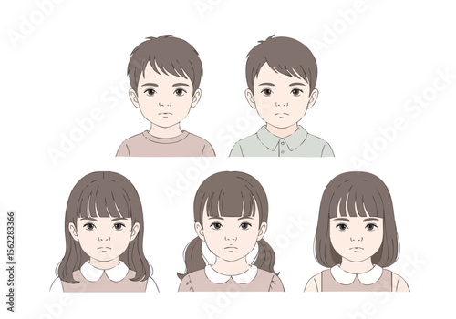 Soft Tone Handdrawn Different Hairstyle Child Face Portrait Illustration Set