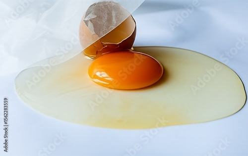 A cracked egg spills onto stark white paper, softened by a translucent vellum sheet draped over the mess, creating a delicate contrast.