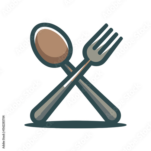 Crossed spoon and fork illustration on a white background, representing dining and culinary themes