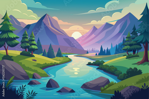 Serene Mountain River Landscape A Breathtaking Sunset View