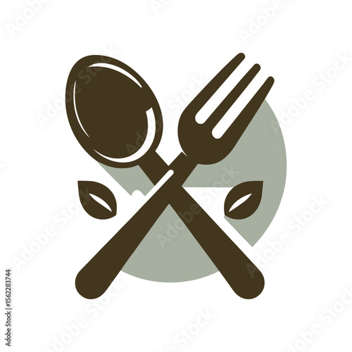 A minimalist design featuring a spoon and fork crossed over leaves, symbolizing healthy eating