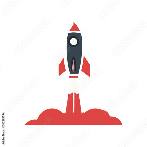 Retro-style rocket launching into the sky with vibrant flames and smoke, symbolizing adventure