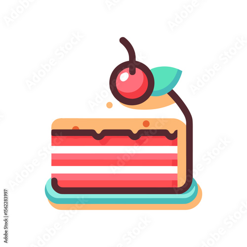 Colorful slice of layered cake topped with cherry and leaf on a plate, bright background