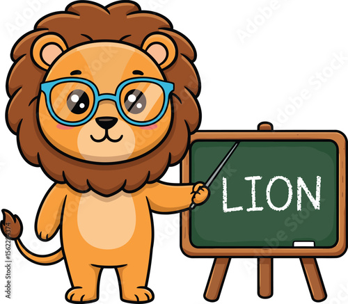 Cute cartoon lion wearing glasses points to a chalkboard with the word lion written on it vector illustration