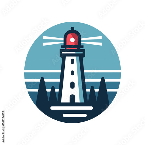 Vibrant lighthouse standing tall by the sea, with a serene landscape and sunset backdrop