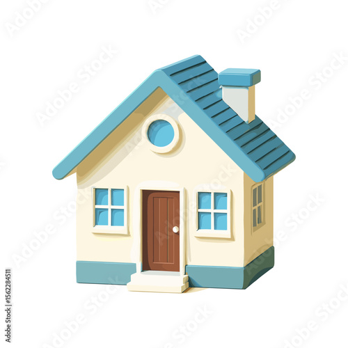 Colorful cartoon house model with a blue roof, white walls, and a welcoming door