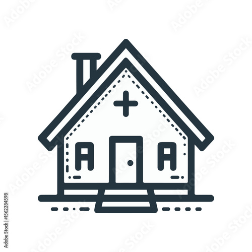 Simple outline of a house with a cross symbol, representing a home or church setting