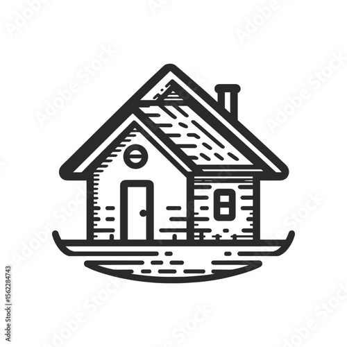 A minimalist line drawing of a cozy house with a chimney, set against a simple background