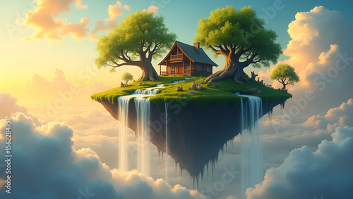 Serene Luminous Floating Island Suspended in the Sky – Dreamy Fantasy Landscape with Glowing Light and Surreal Atmosphere