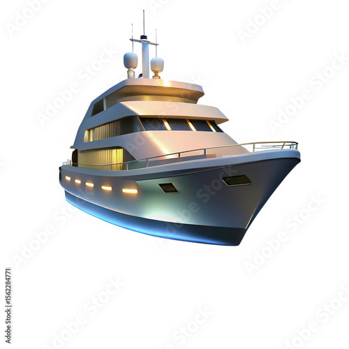Luxurious White Yacht Illuminated at Night Dark Background