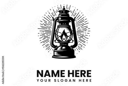 Vintage kerosene lantern logo design, radiating light, symbolic of adventure and guidance.