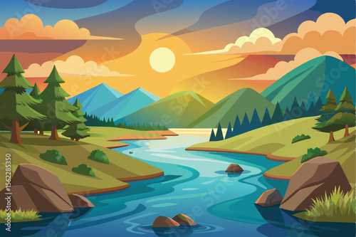 Serene Sunset Landscape River Winding Through Majestic Mountains