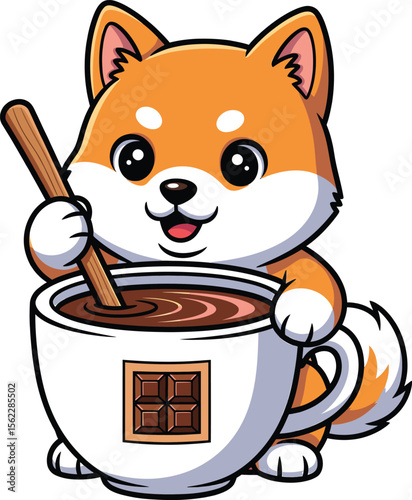 Cute shiba inu dog stirring a delicious cup of hot chocolate with a wooden spoon vector illustration