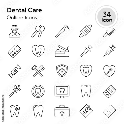 A collection of dental care icons featuring tools, teeth, and medical symbols in a minimalist style