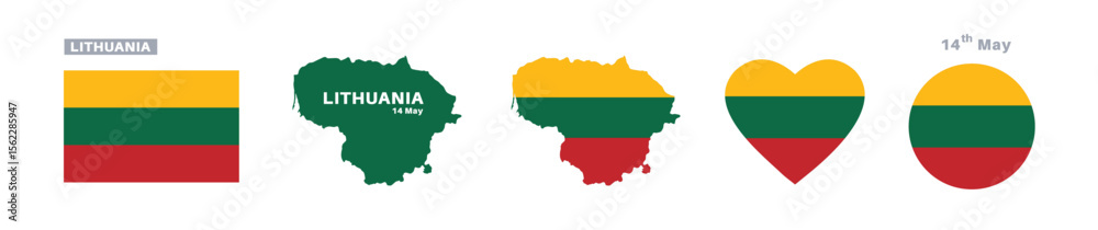 lithuania flag and map set. lithuania flag in official colors and proportions. independence day 14 may, map, circle and heart shaped lithuania lithuania flag and map set. lithuania flag in official colors and proportions. independence day 14 may, map, circle and heart shaped lithuania