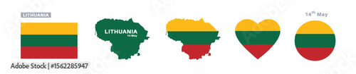 lithuania flag and map set. lithuania flag in official colors and proportions. independence day 14 may, map, circle and heart shaped lithuania 